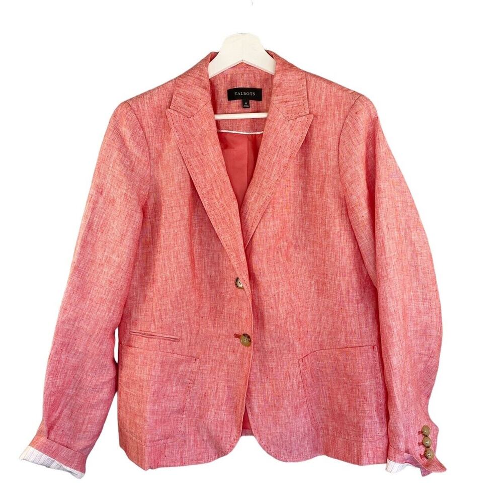 Talbots Blazer Womens 10 Salmon Coastal Linen‎ Jacket Lined Pockets Fitted